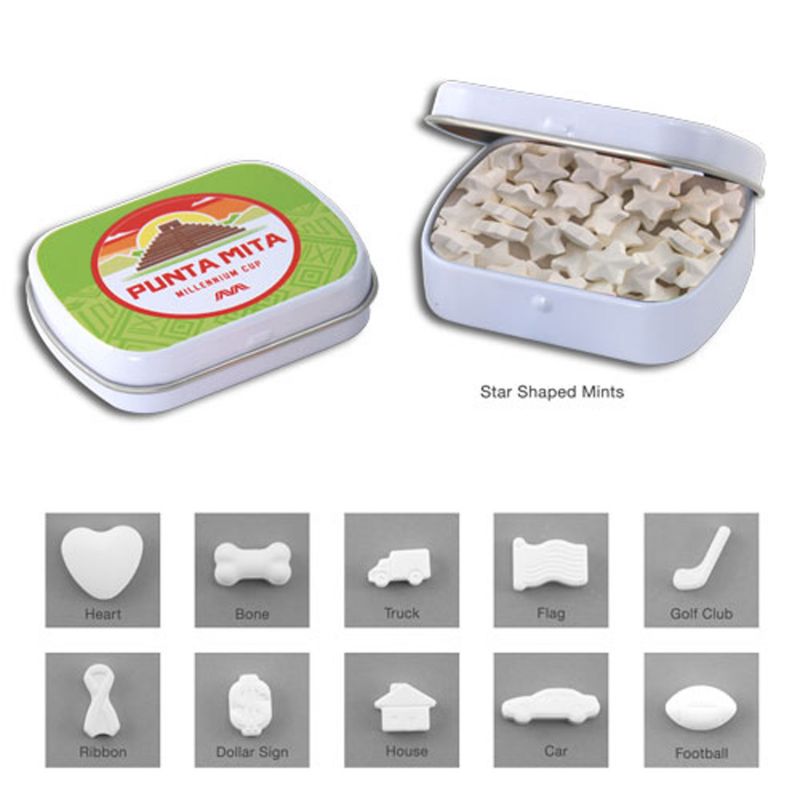 NC Custom Mini Hinged Tin Shaped Mints. Supplied By Chocolate Inn